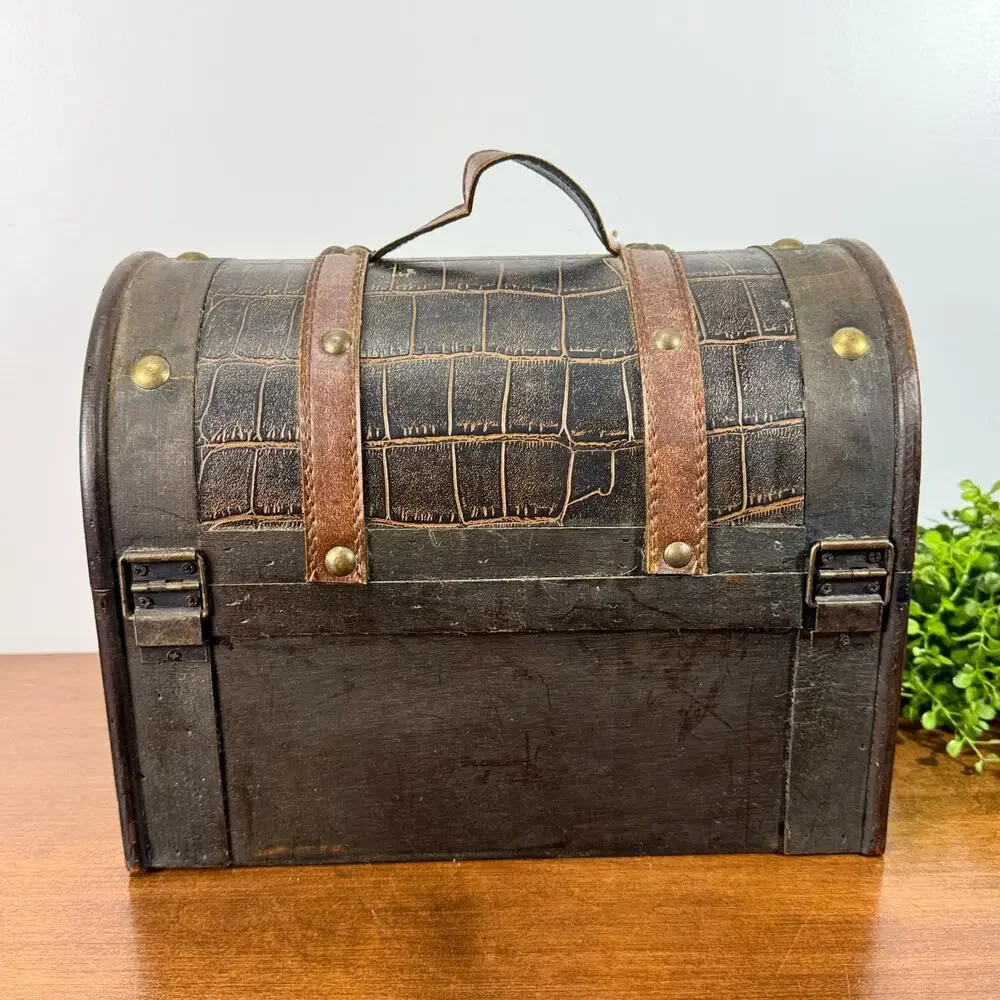 Wooden Pirate Treasure Chest Decorative Trunk with Unique Trim Belt Snaps
